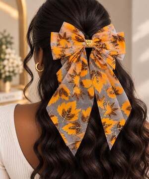 Autumn Leaf Organza Hair Bow Gold Cross Fall Coquette Hair Accessory